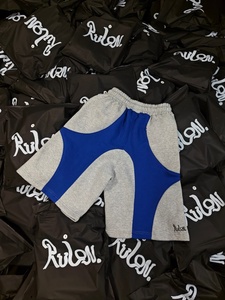 Shorts Bermuda pour Homme Gris Bleu à Blocs de Couleurs, Taille Cordon, Décontracté, en Maille, avec Panneaux Géométriques - Product Image 2