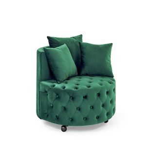 Poltrona Girevole in Velluto per Soggiorno Verde con Design Trapuntato a Bottoni e Ruote Mobili Include 3 Cuscini - Product Image 6