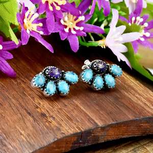 Boucles d'oreilles clous en argent sterling avec grappe de turquoises Navajo, bijoux fins bohèmes rétro floraux pour femmes, cadeaux pour cowgirl, vente en gros - Product Image 6