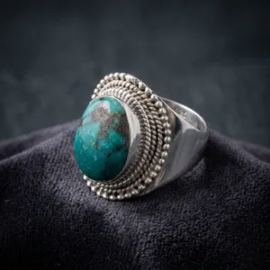 Bague en argent sterling 925 avec turquoise, style népalais, faite à la main, bijoux ethniques bohèmes pour femmes et hommes, à porter au quotidien - Product Image 3