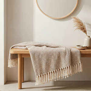 Neutral Recycled Cotton <b>Throw</b> Blanket with Subtle Linear Texture and Fringe <b>for</b> Sofa <b>Chair</b> and Relaxed Home Furnishing - Product Image 5