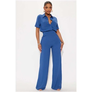 Combinaison décontractée pour femme, vert olive, taille haute, manches courtes, col polo, coupe ample, longueur intégrale, couleur unie, printemps-été - Product Image 5