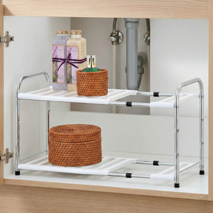 Étagère métallique double niveau portable et écologique en tubes d'acier, style moderne, pour rangement domestique et évier de cuisine, du fabricant taïwanais - Product Image 2