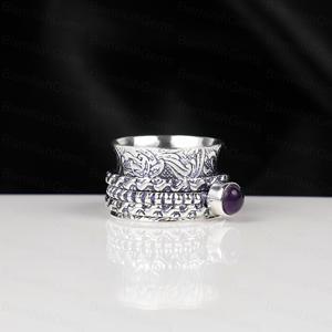Wholesale Vintage Silver Anxiety Ring Round Purple Amethyst <b>Fidget</b> Boho Textured Wide Band Worry Ring Jewelry Supplier Gift - Product Image 4