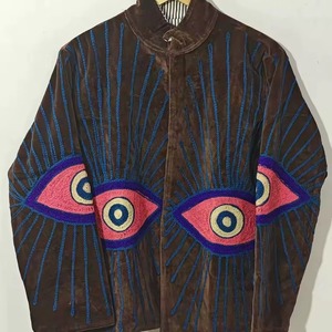 Veste en velours marron à col mandarin, manches longues, motif œil porte-bonheur brodé à la main, pour l'automne - Product Image 1