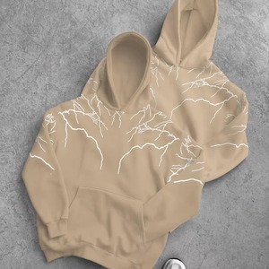 Sweats à capuche unisexes beiges en gros pour les boutiques de streetwear – Pulls oversize à imprimé éclair avec épaules tombantes et poche kangourou - Product Image 1