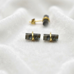 Ratnarachit Labradorite <b>Earrings</b> 12x5mm Rounded Rectangle Wire Wrapped Gold Plated Minimalist <b>Studs</b> for Gift - Product Image 2