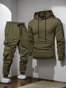 Men's Casual Sports Suit Terry Knitted Fabric 100% Cotton Quick Dry 300g Multi Pocket Fashionable Hooded Two-Piece Set Silk - Product Image 2