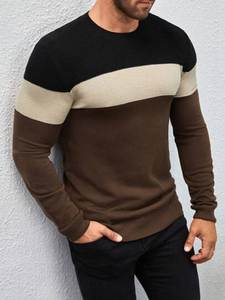 Suéter Casual de Punto con Cuello Redondo y Bloques de Color para Hombre, Corte Regular, para Otoño, 100% Algodón, Antiarrugas, Marrón Beige - Product Image 1