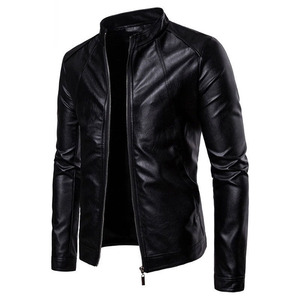 Blouson de motard en cuir PU noir pour homme, coupe ajustée, style moto, fermeture éclair, couleur unie, col montant, manches classiques, pour l'automne - Product Image 1
