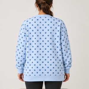 Women's Light Blue Crewneck <b>Sweatshirt</b> with Medium Blue Allover Polka Dots <b>Long</b> Sleeve Custom Logo - Product Image 3