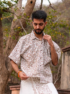 เสื้อเชิ้ตผ้าฝ้ายพิมพ์ลายดอกไม้แบบแฮนด์บล็อกสำหรับผู้ชาย ลายจาล บากรู สไตล์กิโมโน ทรงโอเวอร์ไซส์ แขนครึ่งตัว เสื้อลำลองใส่สบายสำหรับฤดูร้อน - Product Image 6