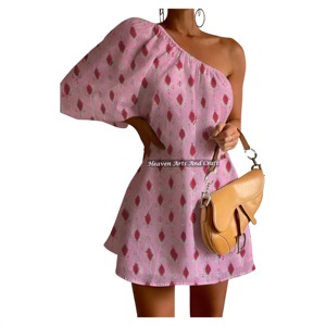 Cotton One Shoulder Puff Sleeve Dress Wholesale <b>Printed</b> Color One Shoulder Puff Sleeve Dress Custom Logo Sexy Evening Hand <b>Block</b> - Product Image 6