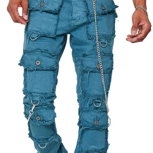 Pantalones Vaqueros Cargo para Hombre, con Múltiples Bolsillos, Detalle de Cadena, Lavado Desgastado, Estilo Hip Hop, Primavera, Algodón, Corte Regular - Product Image 5