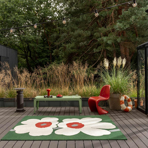 Tapis d'extérieur moderne à motif floral vert, blanc et rouge, en laine de Nouvelle-Zélande, à poils ras et coupés, facile à nettoyer - Product Image 1