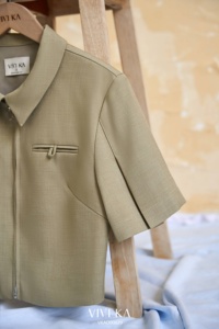 Camisa Corta de Mujer Verde Oliva con Cierre Frontal, Manga Casquillo, Cuello Camisero, Estilo Minimalista para Oficina, Color Sólido, Poliéster/Algodón, Primavera - Product Image 6