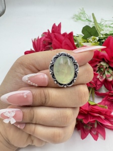 Natural Prehnite Oval Silver Plated <b>Statement</b> <b>Ring</b> Handmade Vintage Floral Gemstone <b>Ring</b> for Women - Product Image 3