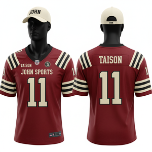 Maillot de football américain pour homme en maille polyester premium 180 GSM, respirant, rouge et noir avec bandes sur les épaules, logo personnalisé en twill. - Product Image 1