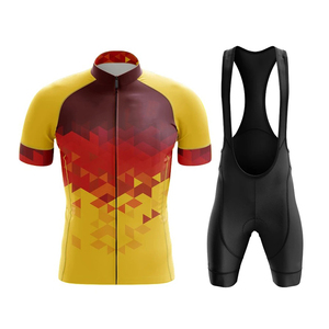 Conjunto de Jersey de Ciclismo para Bicicleta de Montaña, Amarillo y Rojo con Patrón Geométrico, Culotte Negro con Tirantes, Unisex, Secado Rápido, Transpirable, Poliéster/Algodón - Product Image 5
