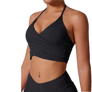 Women's Deep V Neck High Stretch Breathable Sports Bra With Removable Padding Backless Workout Top Pink - Product Image 2