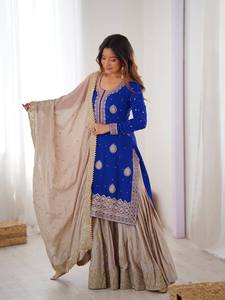 Conjunto de Kurta Sharara Azul Bordado para Mujer con Dupatta, Traje Étnico para Bodas y Fiestas - Product Image 2