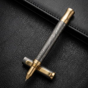 Handmade Damascus Steel Ballpoint <b>Pen</b> with Premium Metal Accents Unique Pattern Welded Barrel <b>Refillable</b> Writing Instrument - Product Image 1