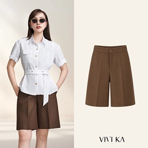 Women's Smart Casual Brown Polyester Bermuda Short <b>High</b> Waist Tailored <b>Knee</b> Length EVAN - Product Image 1