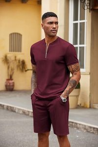 Conjunto de Pantalones y Top de Manga Corta con Cuello de Punto y Cierre de Cremallera para Hombre, Color Borgoña, Ropa Casual de Verano, Transpirable, de Color Sólido, Dos Piezas - Product Image 3