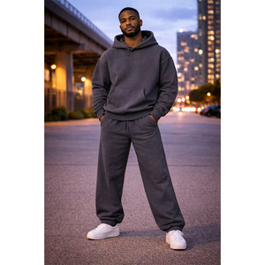 Luxury High Quality 450 Gsm Streetwear Zip up Oversized Wide Leg Double Layer Men Logo Custom Hoodie and <b>Sweatpants</b> <b>Set</b> - Product Image 3