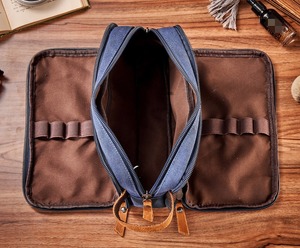 Custom Logo Double Zipper Canvas Leather Toiletry Bag Vintage Travel Wash Pouch Wholesale Shaving Dopp Kit <b>Case</b> LCTB-0019 - Product Image 5
