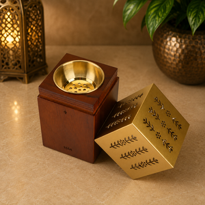 Brûleur Mabkhara en bois sculpté de designer avec bol en laiton, porte-encens Oud Bakhoor, encensoir à charbon, accessoire d'aromathérapie arabe pour la maison - Product Image 4