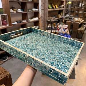 Luxury Blue Honeycomb Pattern Mother of Pearl <b>MOP</b> Tray Smooth Finish Single Tier for Home Kitchen Living Room Storage Serving - Product Image 4