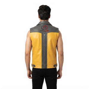 Gilet de motard en cuir véritable pour homme, coupe-vent, uni, avec design bicolore, protections en polyester et logo personnalisé - Hashbloom International - Product Image 2