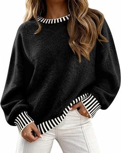 Pulls Oversize Femme 2026 – Hauts d'Automne à Manches Longues et Col Rond, Pulls en Maille Épaisse Contrastante, Vêtements d'Hiver - Product Image 2