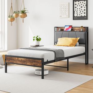 Twin Size <b>Bed</b> Frame with Storage Headboard Up-Holstered & Charging Station Solid & Stable No Box Spring Needed <b>Easy</b> Assembly - Product Image 6