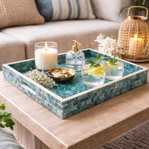 Luxury Blue Honeycomb Pattern Mother of Pearl <b>MOP</b> Tray Smooth Finish Single Tier for Home Kitchen Living Room Storage Serving - Product Image 1