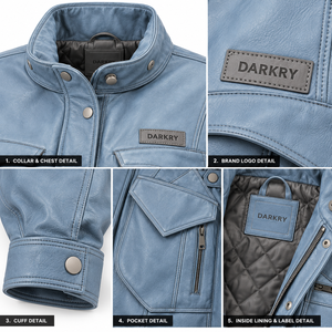 Chaqueta de Campo de Piel de Cordero Genuina Azul Polvoriento para Mujer, Abrigo Utilitario Ligero de Cuero con Cuello a Presión, Forro Acolchado y Cintura Ajustable - Product Image 6