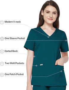 Blusas Médicas para Mujer, Cuello en V, Manga Corta, con Bolsillos, Uniformes de Hospital, Color Verde Azulado, Tela de Algodón y Poliéster - Product Image 3