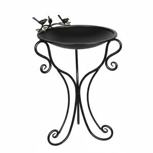 Bain d'oiseaux en métal rose de style vintage avec support à motifs décoratifs et figurine d'oiseau décorative, bol à eau de jardin, décoration extérieure - Product Image 5