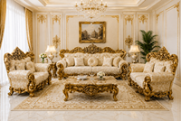 Juego de Muebles de Lujo para Sala de Estar, Inspirado en Palacios, Tallado Moderno en Madera de Teca, con Sofá y Mesa de Centro en Blanco Dorado Premium