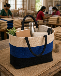 Bolsa de Yute Premium Tricolor Azul, Negro y Blanco con Asas Negras |   Bolsa de Transporte Ecológica y Elegante para Uso Diario - Product Image 1