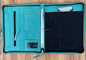A4 Size Hand Tooled <b>Leather</b> Certificate Holder Cowhide Turquoise Multifunctional Portfolio With Zippered Closure & Ring Binders - Product Image 5
