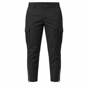 <b>Men's</b> <b>Black</b> <b>Cargo</b> <b>Pants</b> High Waist Multiple Pockets Zipper Cuffs Workwear Style Breathable Canvas Material Autumn Wear - Product Image 1