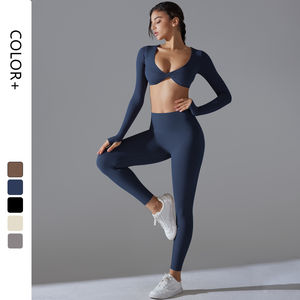 Ensemble de sport à carreaux pour femmes, combinaison de yoga à manches longues, legging froncé pour la course et l'entraînement - Product Image 1