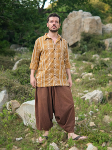 Camisa de Hombre de Algodón Puro Amarillo Mostaza con Estampado Artesanal en Bloque, Diseño Geométrico, Ropa Casual de Verano - Product Image 6