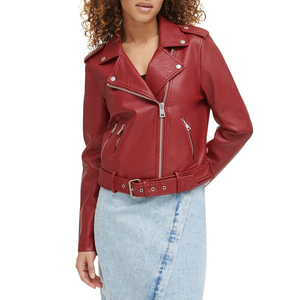 Veste en cuir pour femme, col montant, fermeture éclair, manches longues, couleur rouge, respirante, 100% cuir véritable - Product Image 1