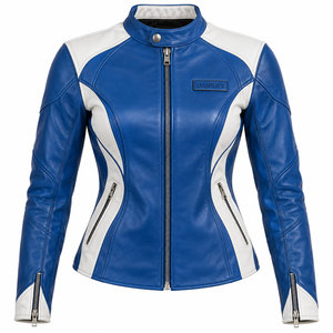 Royal Blue Leather <b>Jacket</b> <b>Womens</b> White Side Accent Snap Collar Biker Slim Fit Zip Cuff Custom Racing Track Outerwear Coat Tops - Product Image 1