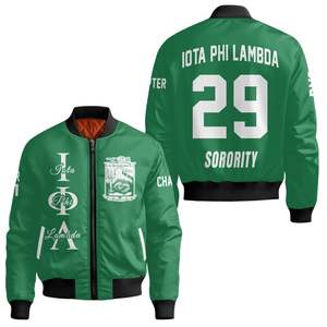 Chaqueta Universitaria Personalizada para Mujer Iota Phi Lambda, Color Verde Esmeralda, Escudo con Letras Griegas en la Parte Delantera y Trasera, Número del Año, Chaqueta Bomber con Cierre - Product Image 3