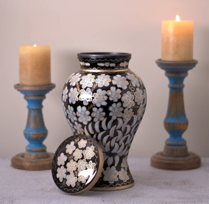 Black Handmade Oval Aluminum Cremation Urn Beautiful Pearl White Floral Hand Painted Design Modern Eco-Friendly Durable - Product Image 2