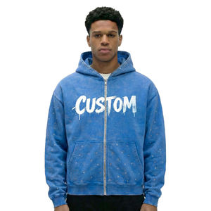 Custom Men <b>Hoodie</b> 100% Cotton Embroidery Mens Clothing Rhinestone Boxy Fit Streetwear Heavyweight Zip up Hoodies for Men - Product Image 6